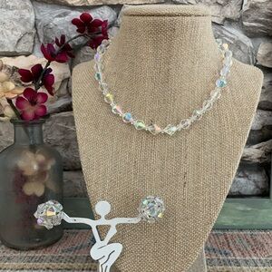 Vintage Art Deco Aurora Borealis Glass Faceted Bead Strand Necklace Earrings